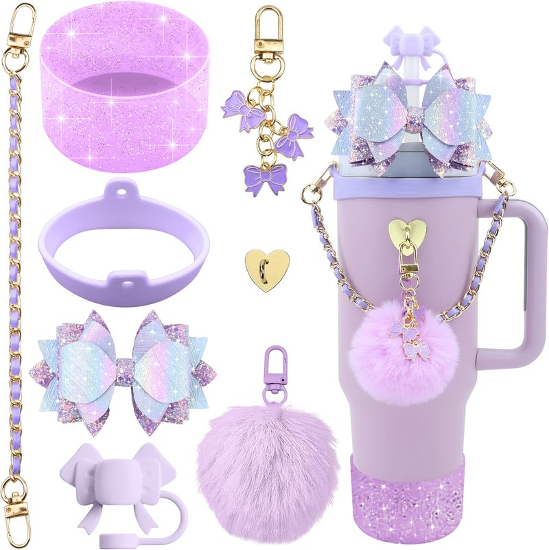 SEMATA Bling Accessories for Stanley Cup 40oz & 30oz Tumbler Including Silicone Cute Bow Straw Topper Cover, Silicone Boot for Stanley Cup,Leather Water Bottle Handle Strap, Charms(Purple) - Image 1